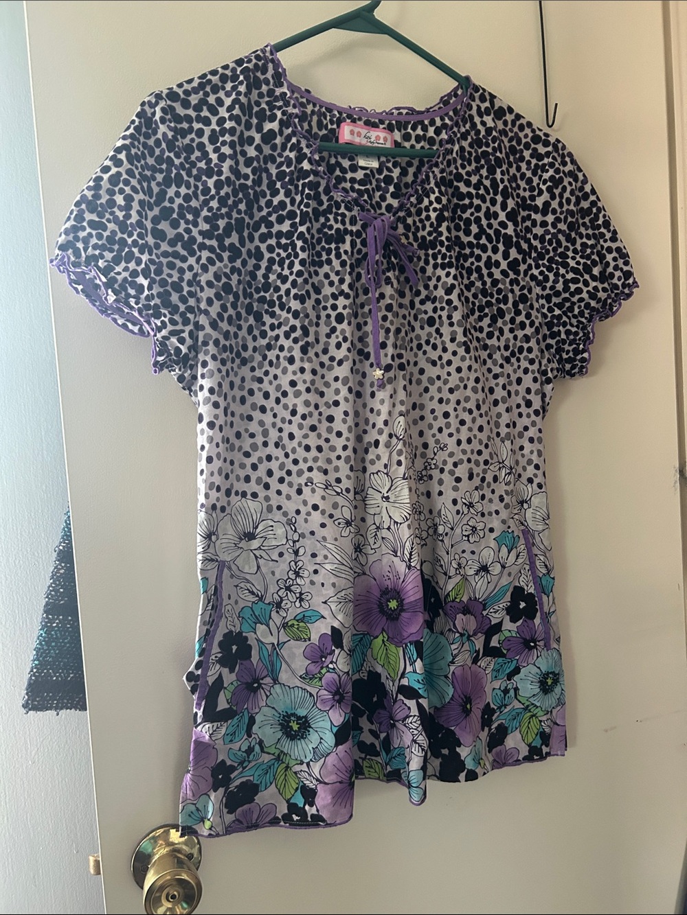 Koi Purple Floral Short Sleeve Blouse scrubbtop